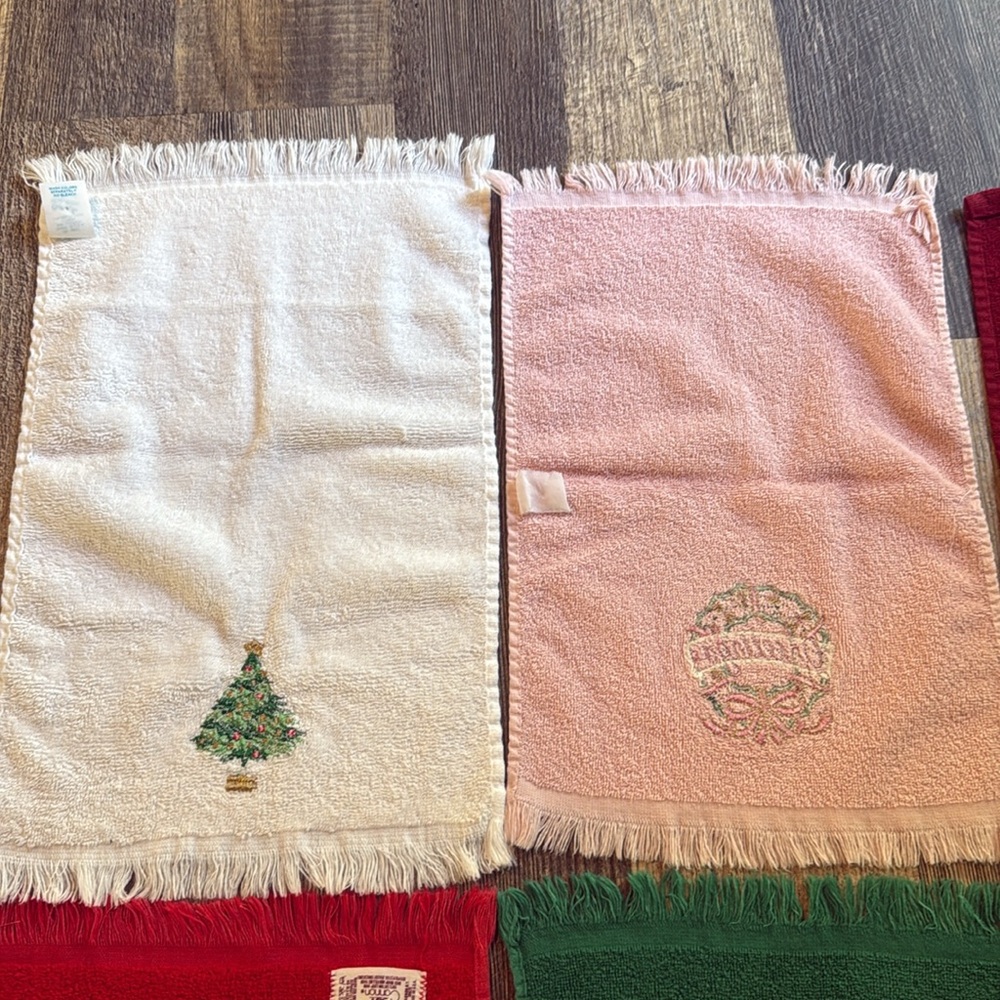 Vintage Set Of 6 Hand Guest Towels Christmas Holiday Fringe Cotton Embroidered - Picture 13 of 16